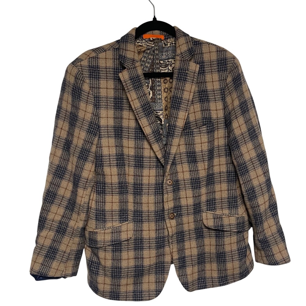 Tallia Blue Tan Plaid Wool Blazer Men's 42 Short